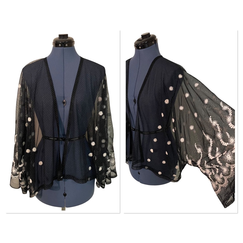 Black‎ Sheer Ivory Floral Dot Embroidered Kimono Sleeve Top Boho Boho Beach XL
